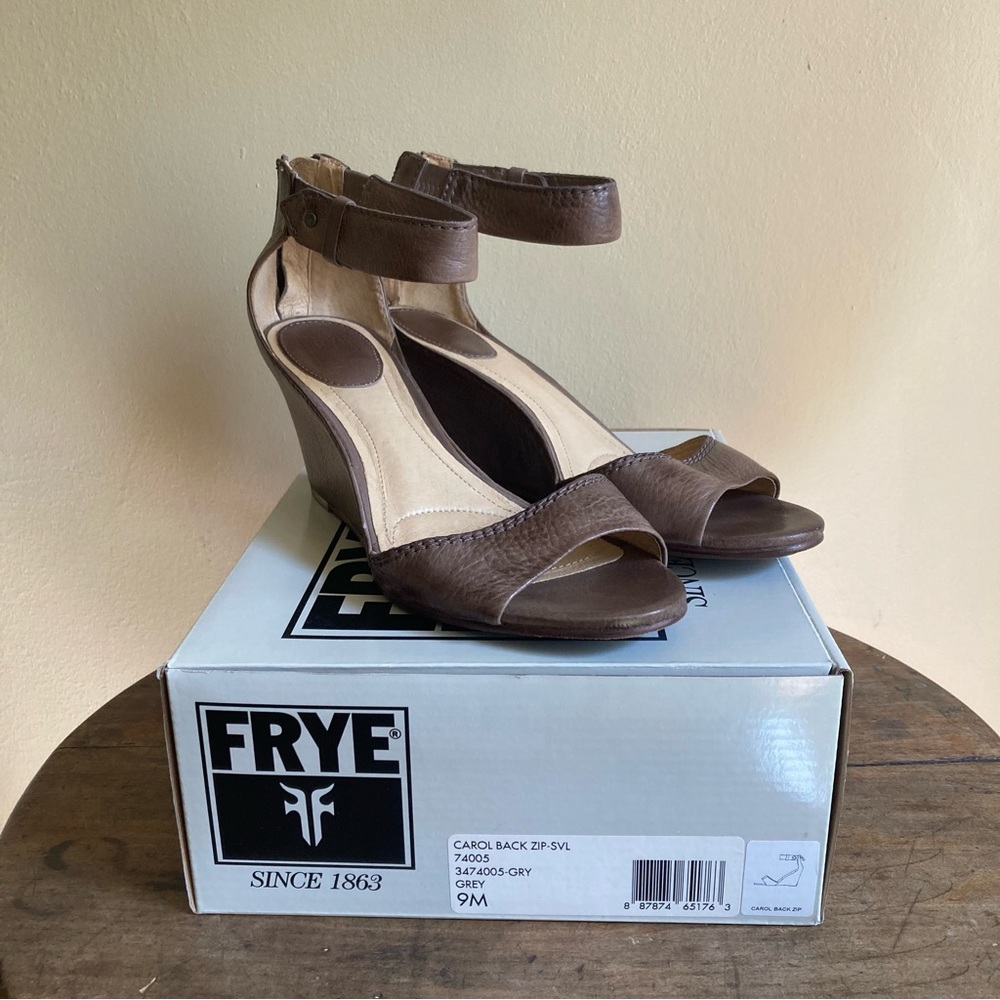 Frye Boots Carol Back Zip Leather Wedge Heel Open Toe Size 9M